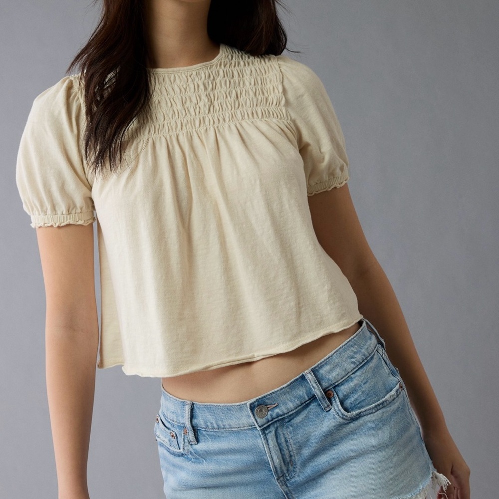 American Eagle Outfitters Cream Smocked Blouse - Picture 3 of 4